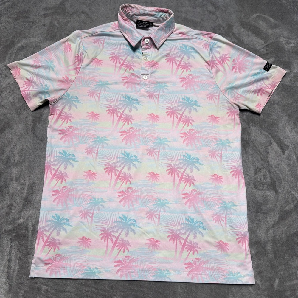 Sunday Swagger Polo Shirt Mens Medium‎ Pink Palm Tree Tropical Golf Performance